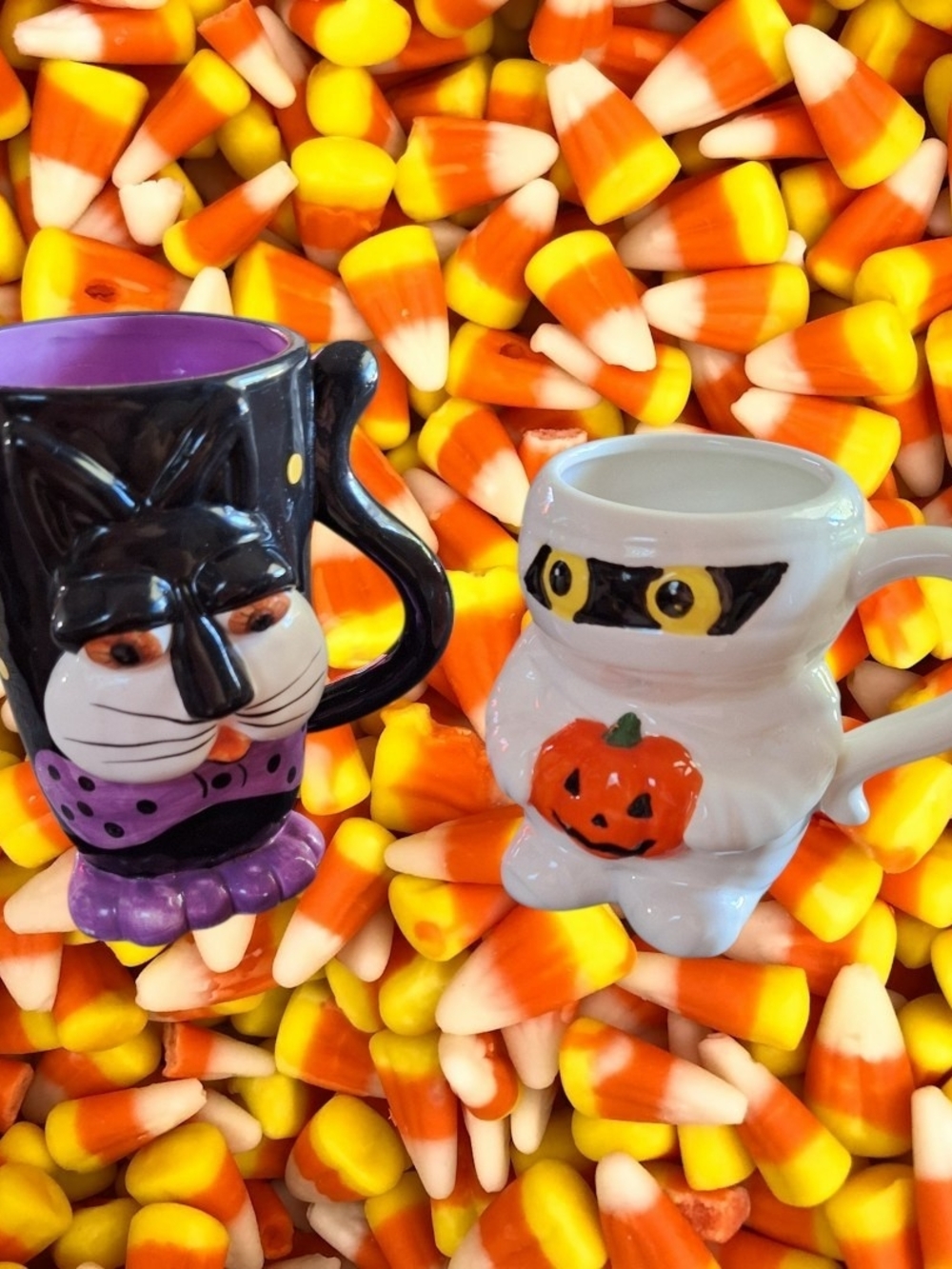 Halloween Cat and Mummy Ceramic Mugs - Black & White